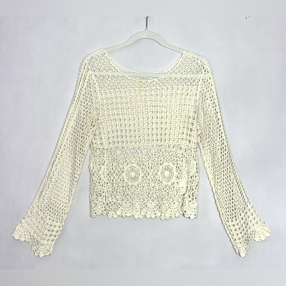 Ultra Pink Ivory Crochet Boho Long Sleeve Sweater Top Size Medium